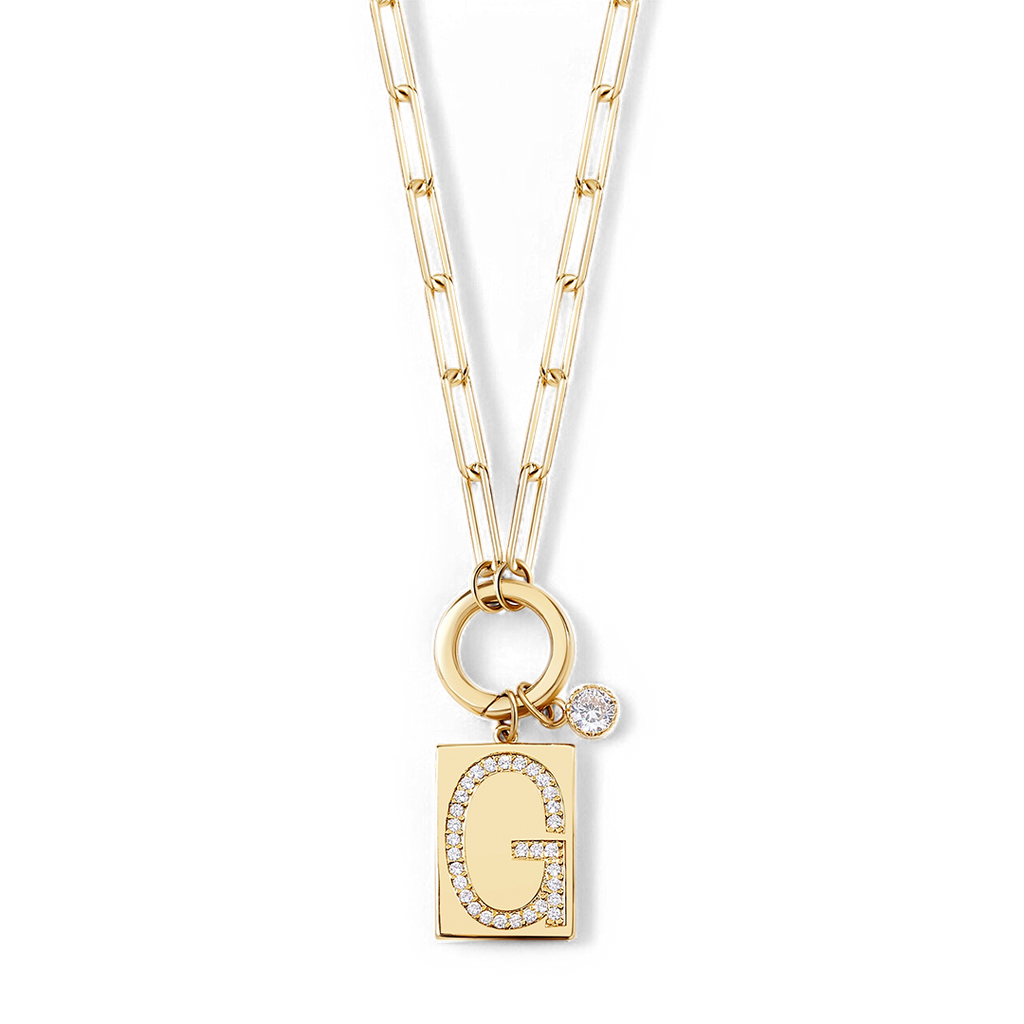 Gold Pave Initial Pendant Necklace with Paperclip Chain