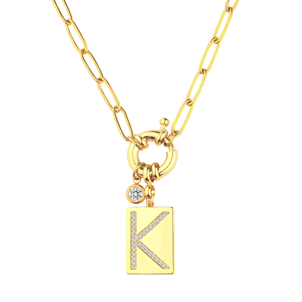 Collier pendentif initial pavé avec chaîne trombone  