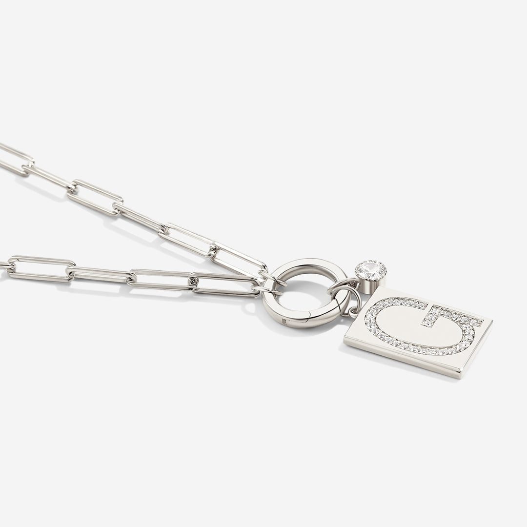 Sterling Silver Pave Initial Pendant Necklace with Paperclip Chain