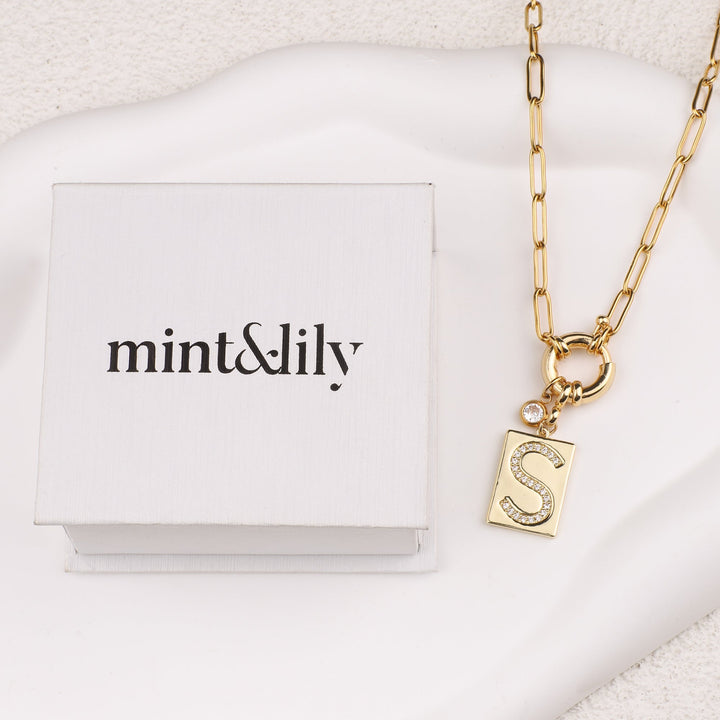 Pave Initial Pendant Necklace with Paperclip Chain