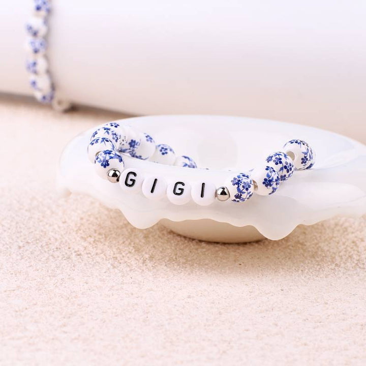 Personligt Navn Blå Porcelæn Blomstret Perlearmbånd