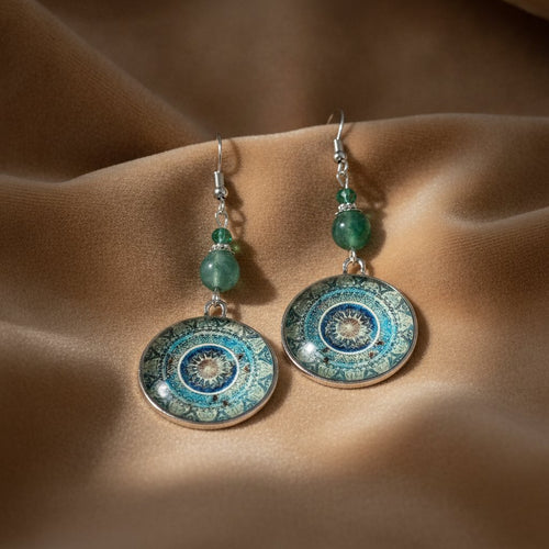 Vintage blaue baumelnde runde Mandala-Ohrringe