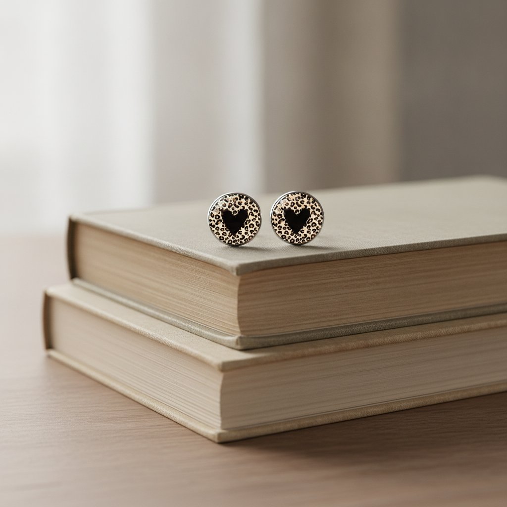 Pendientes vintage redondeados con corazón negro