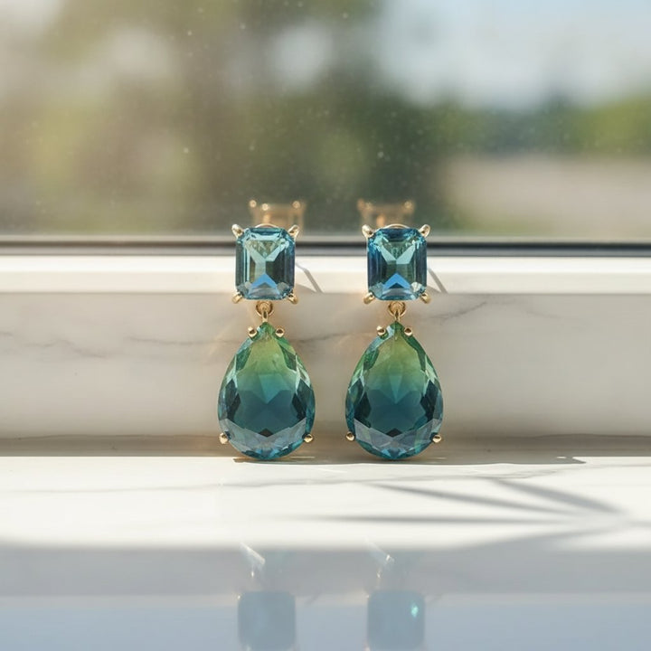 Boucles d'oreilles pendantes en cristal bleu verdâtre