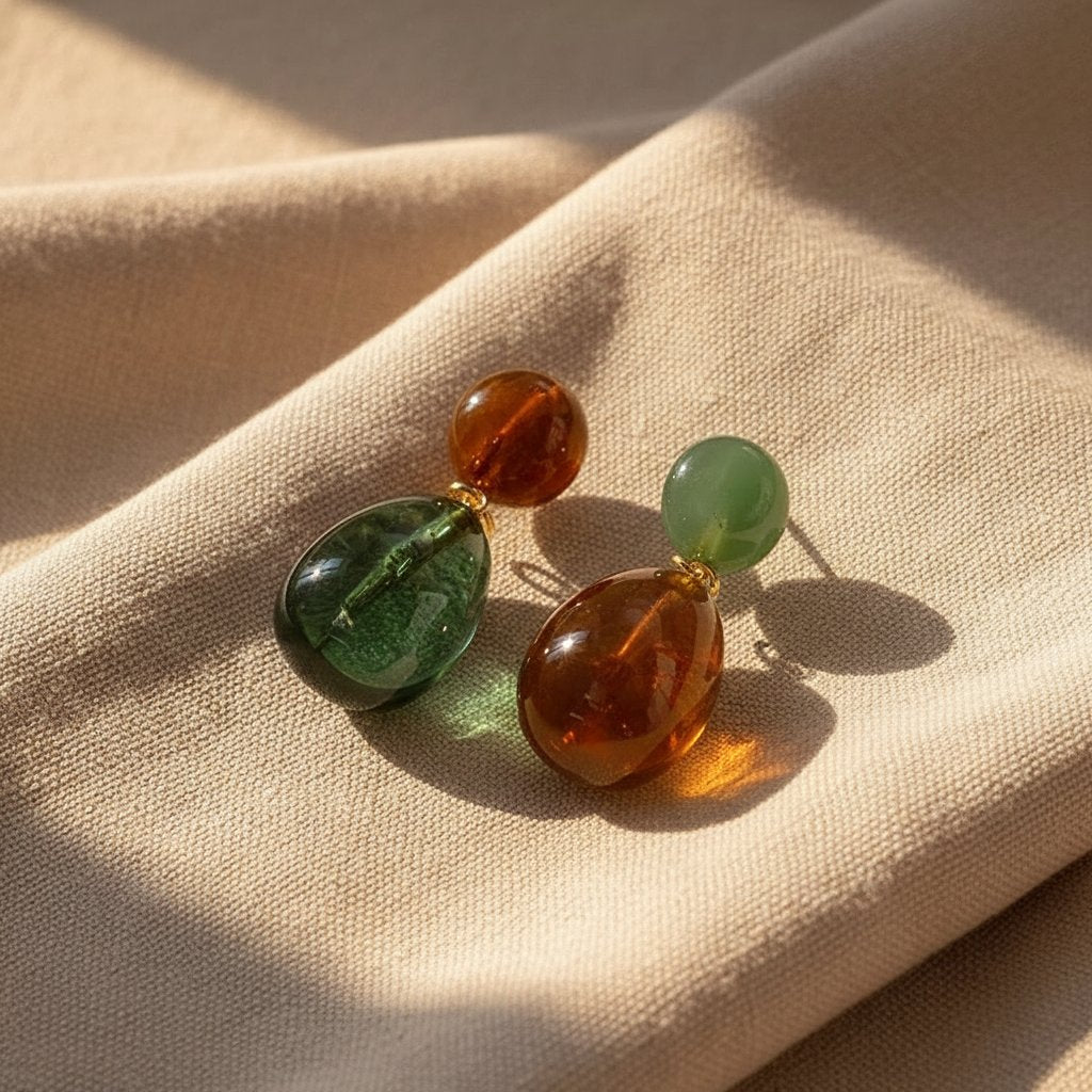 Brincos Vintage com Âmbar e Jade