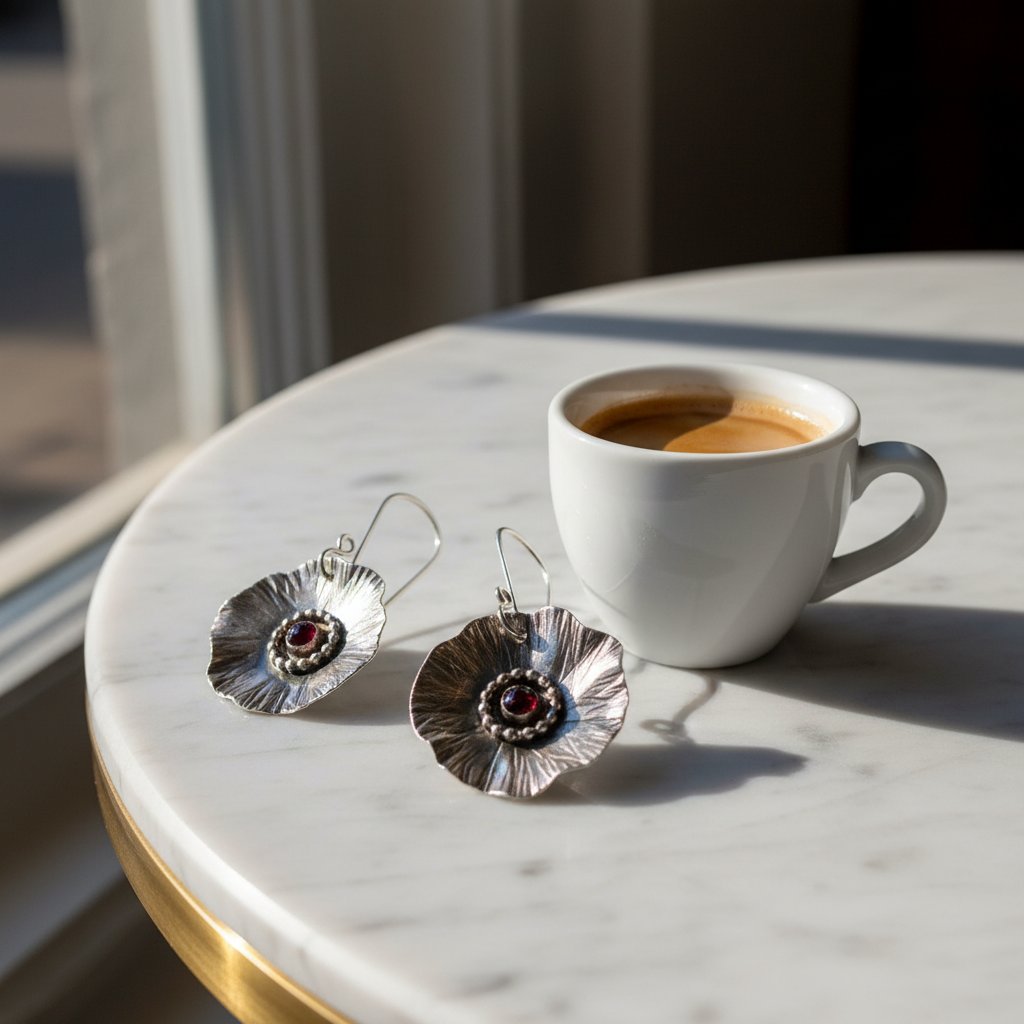 Boucles d'oreilles floraison avec zirconia rouge en argent