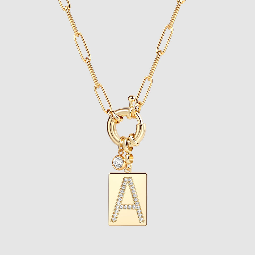Pave Initial Pendant Necklace with Paperclip Chain