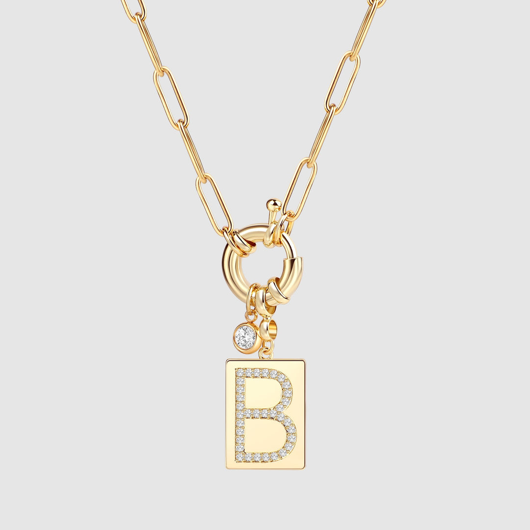 Pave Initial Pendant Necklace with Paperclip Chain