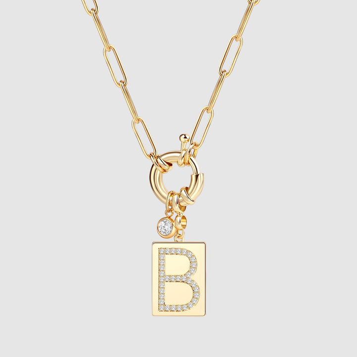 Pave Initial Pendant Necklace with Paperclip Chain