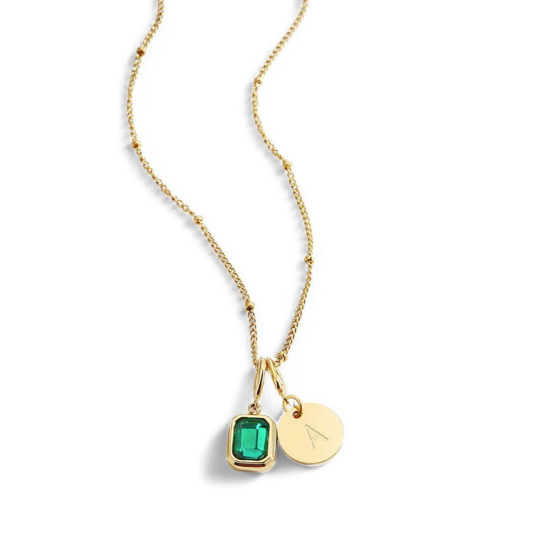 Baguette Birthstone & Initial Necklace