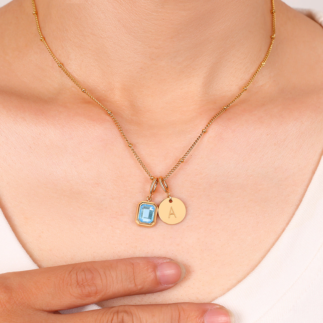 Baguette Birthstone & Initial Necklace
