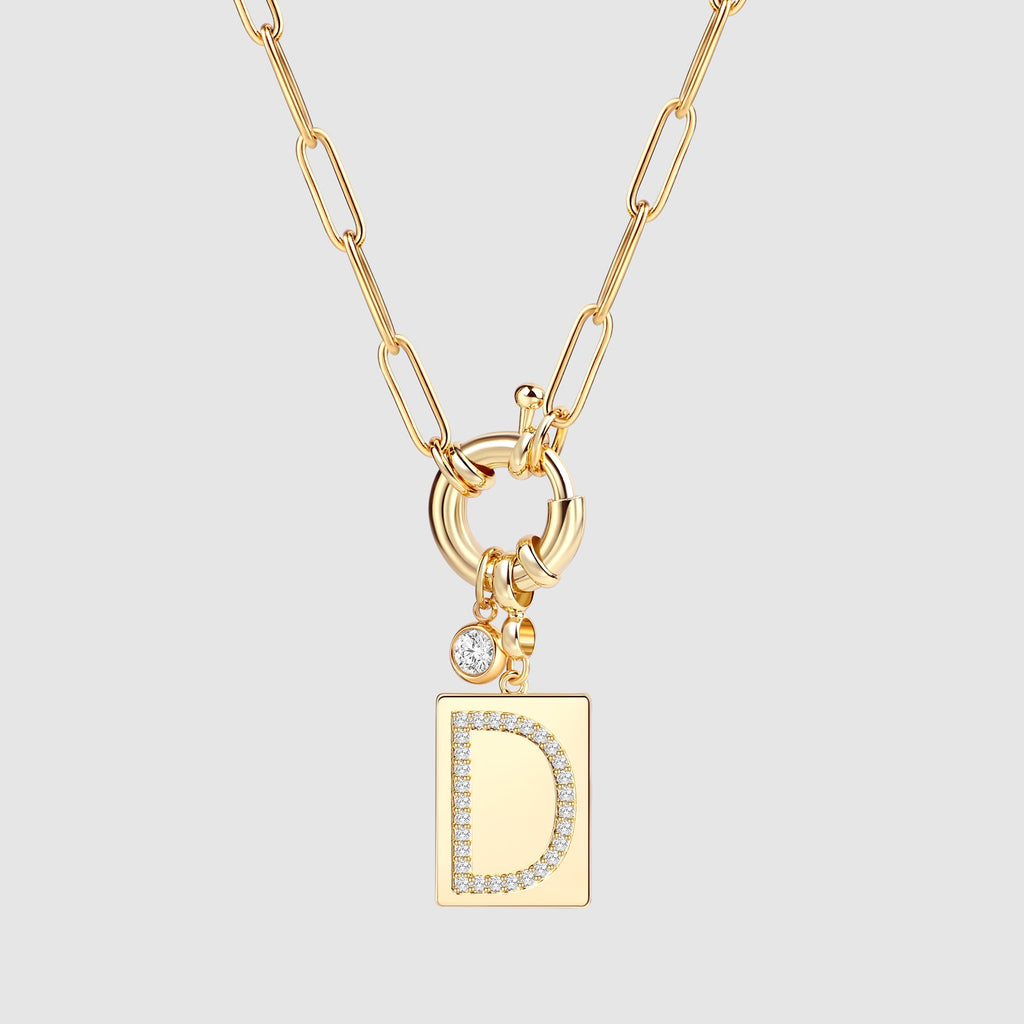 Collier pendentif initial pavé avec chaîne trombone  