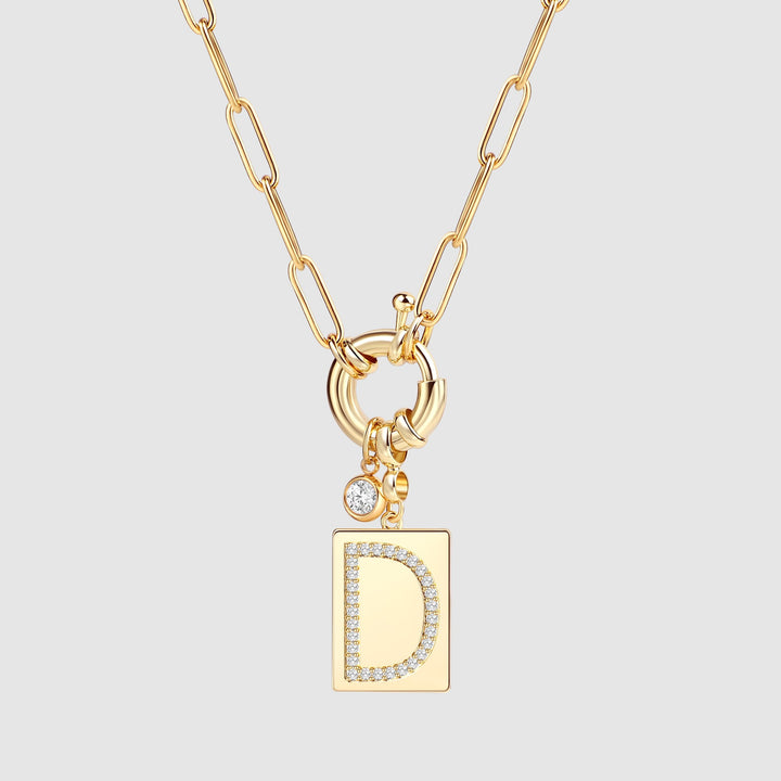 Pave Initial Pendant Necklace with Paperclip Chain