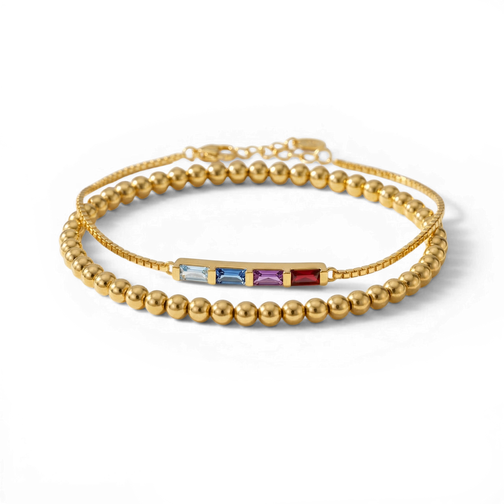 Set di bracciali sottili con pietra di nascita baguette e bracciale impilabile con perline