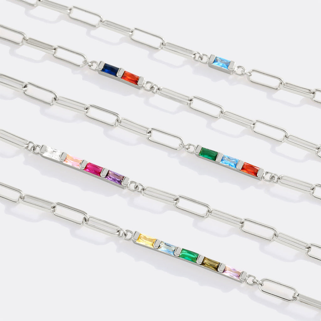 Pulseira Delicada com Baguete de Pedra do Mês e Elos de Papel