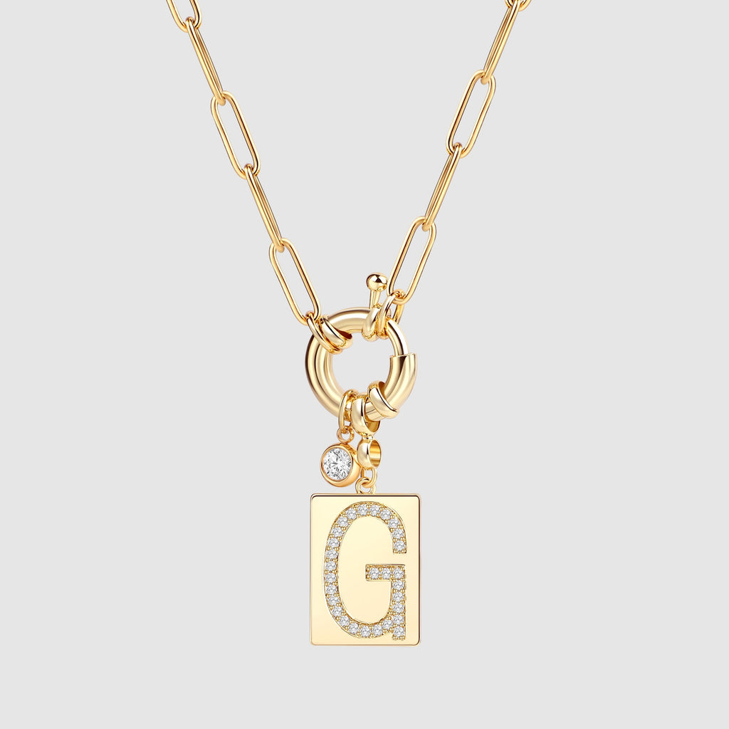 Collier pendentif initial pavé avec chaîne trombone  