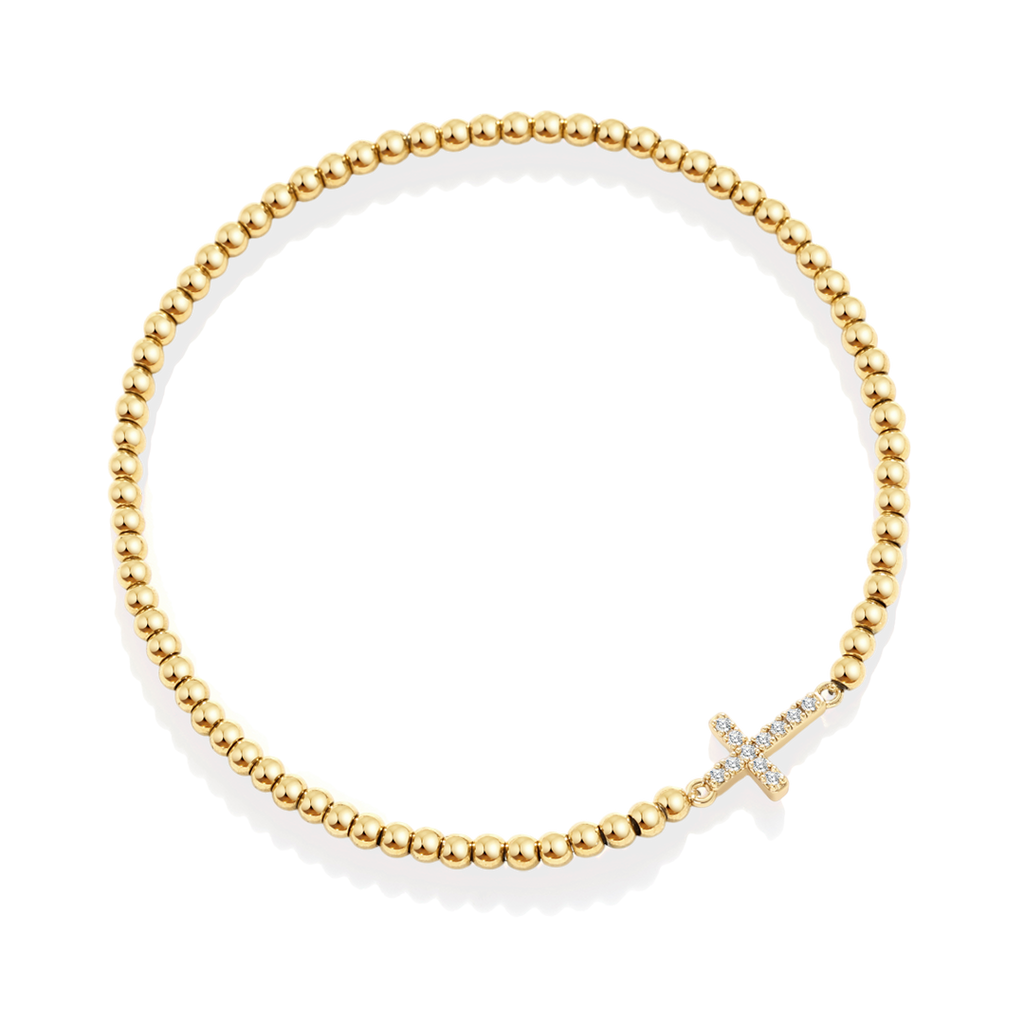 Pulseira Elástica com Cruz e Contas Douradas