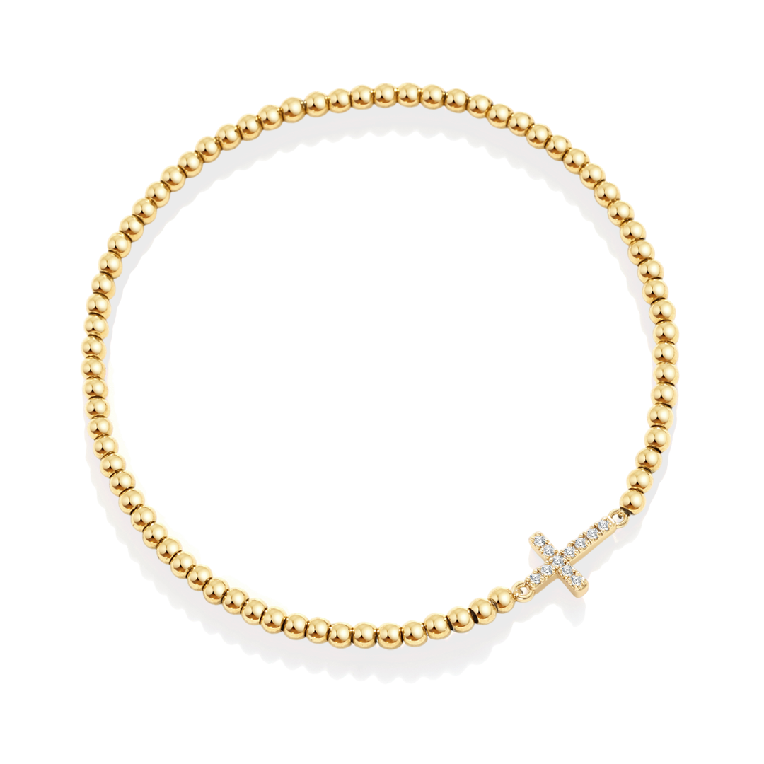 Pulseira Elástica com Cruz e Contas Douradas