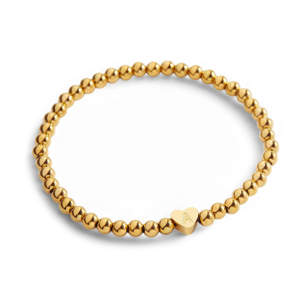 Gold Beaded Bracelet with Heart Initial