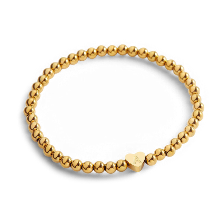 Gold Beaded Bracelet with Heart Initial