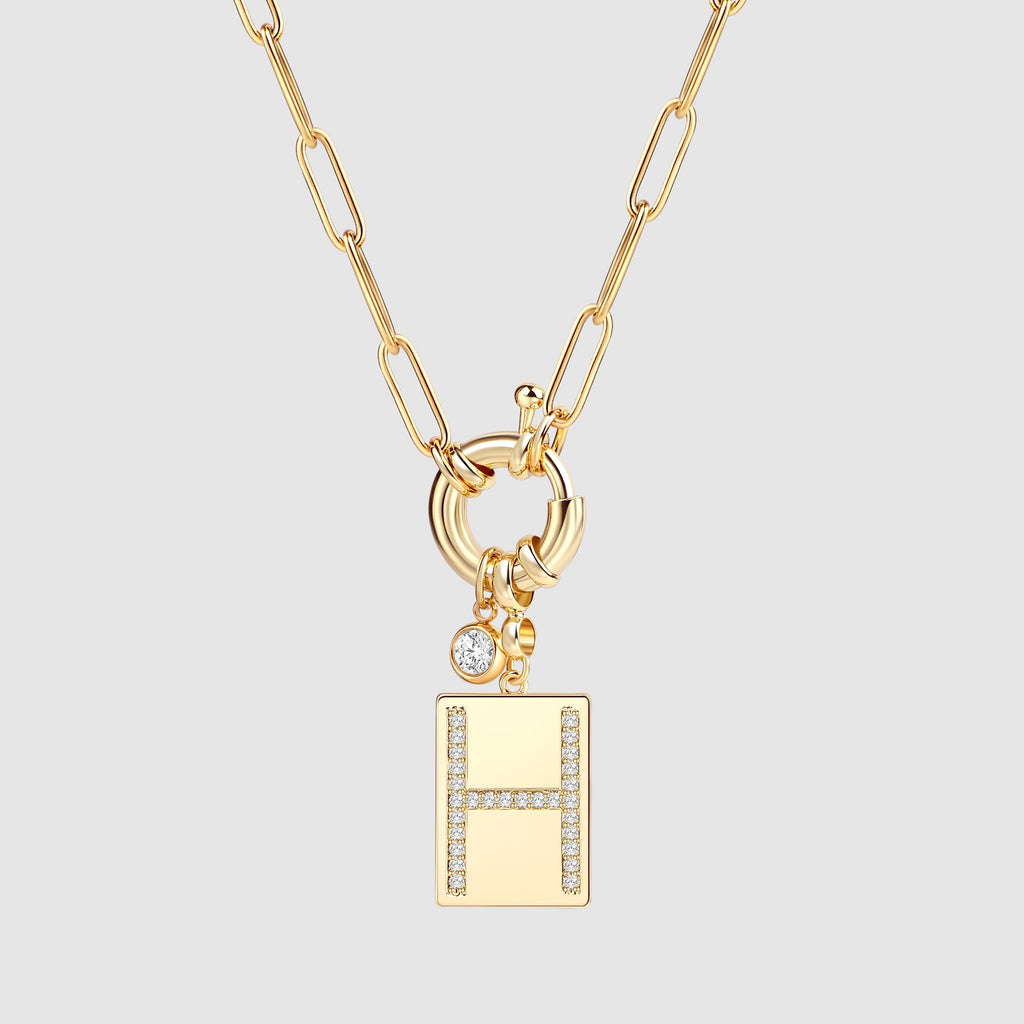 Collier pendentif initial pavé avec chaîne trombone  
