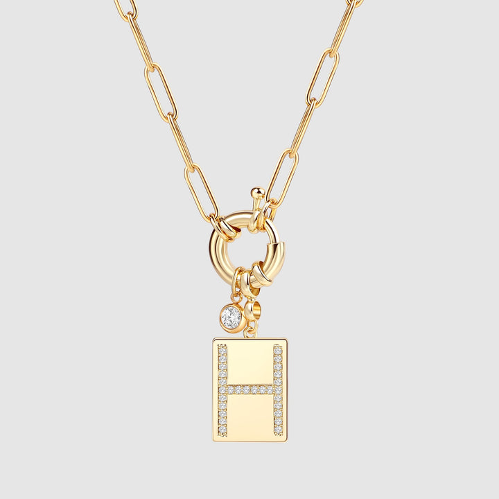 Pave Initial Pendant Necklace with Paperclip Chain