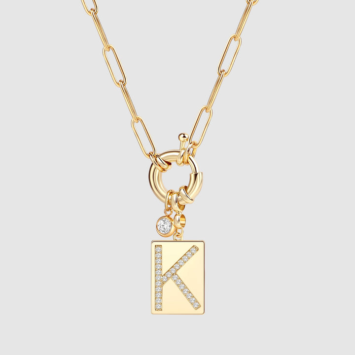 Pave Initial Pendant Necklace with Paperclip Chain