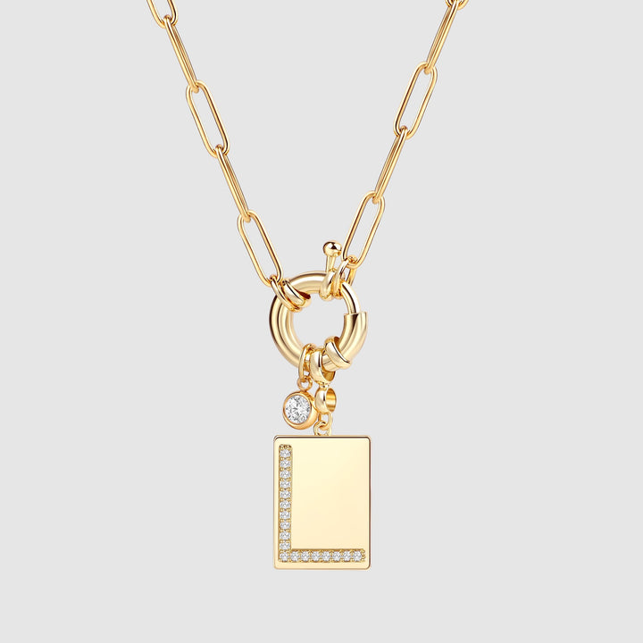 Pave Initial Pendant Necklace with Paperclip Chain
