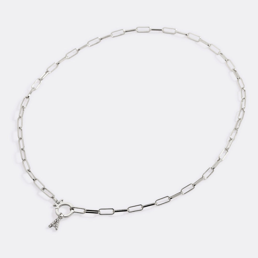Mint Paperclip Necklace with Pave Initial Charm