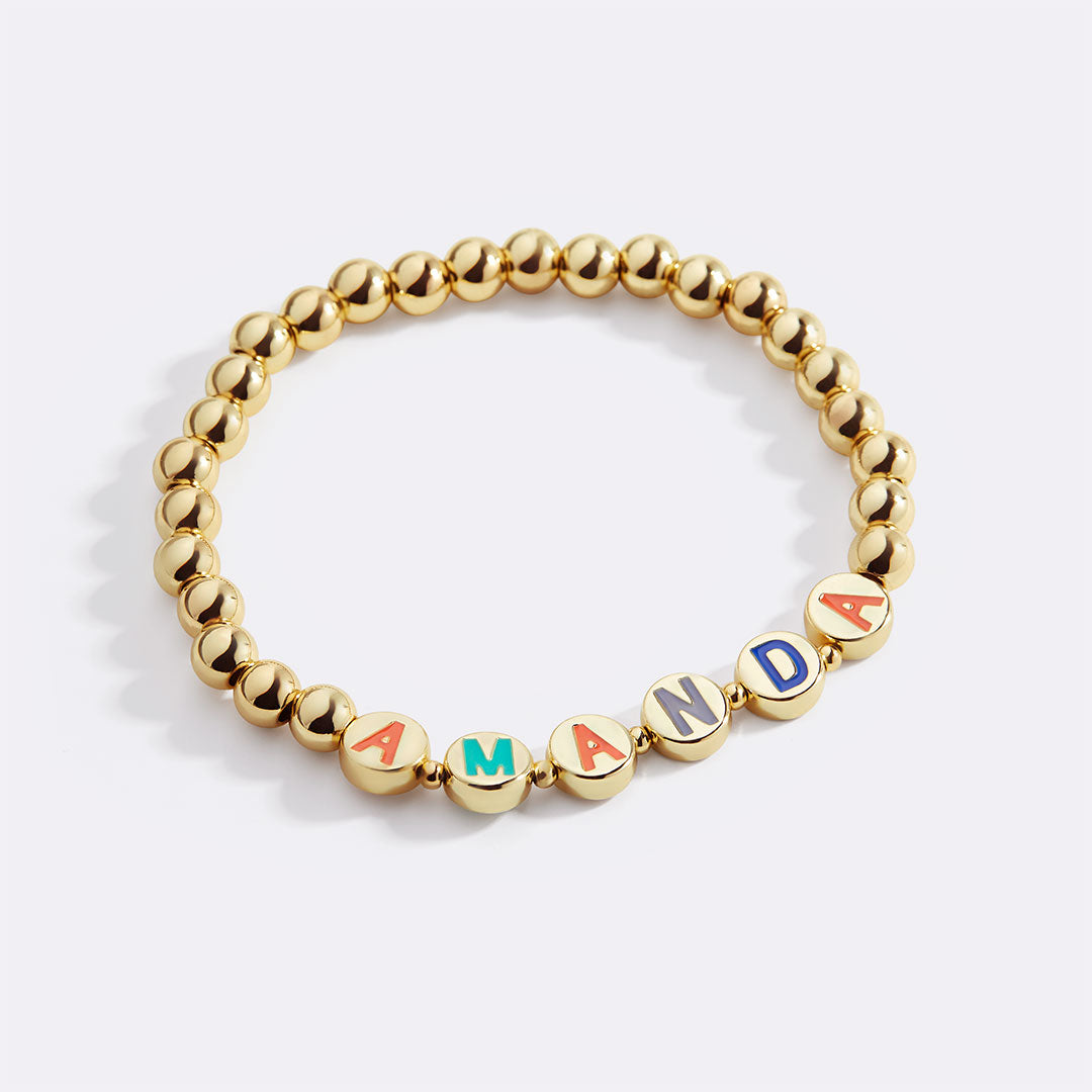 Custom Rainbow Letter Gold Disc Beaded Bracelet