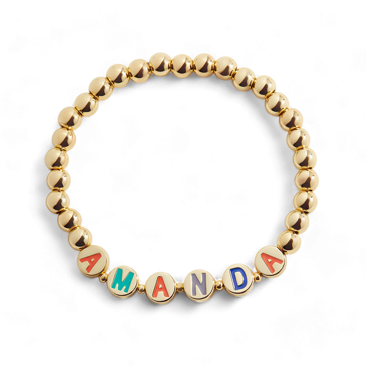 Custom Rainbow Letter Gold Disc Beaded Bracelet