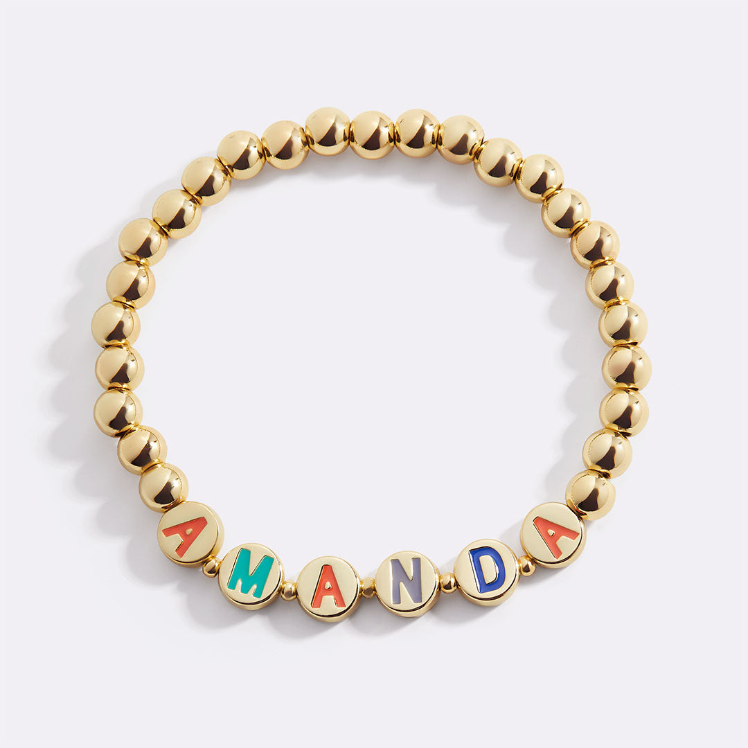 Custom Rainbow Letter Gold Disc Beaded Bracelet