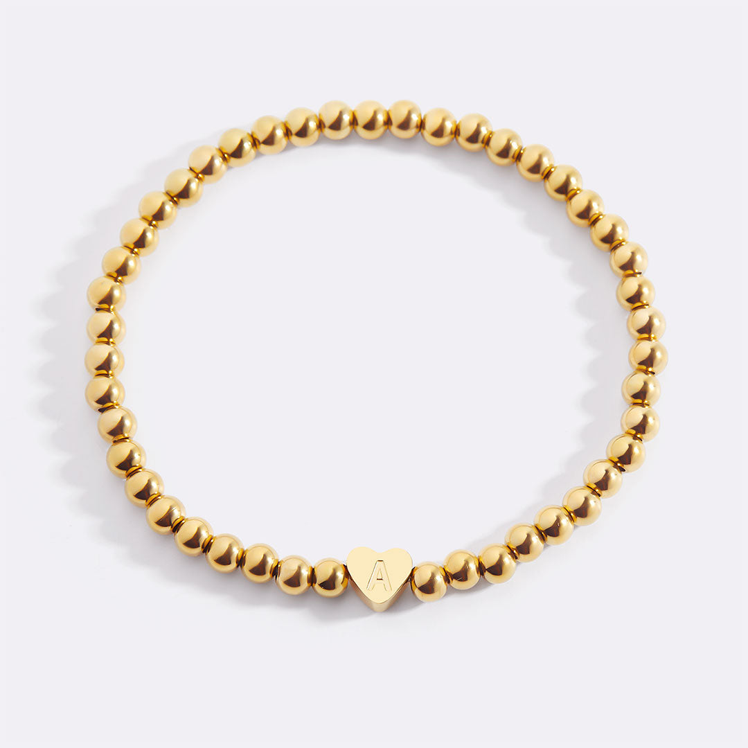 Gold Beaded Bracelet with Heart Initial