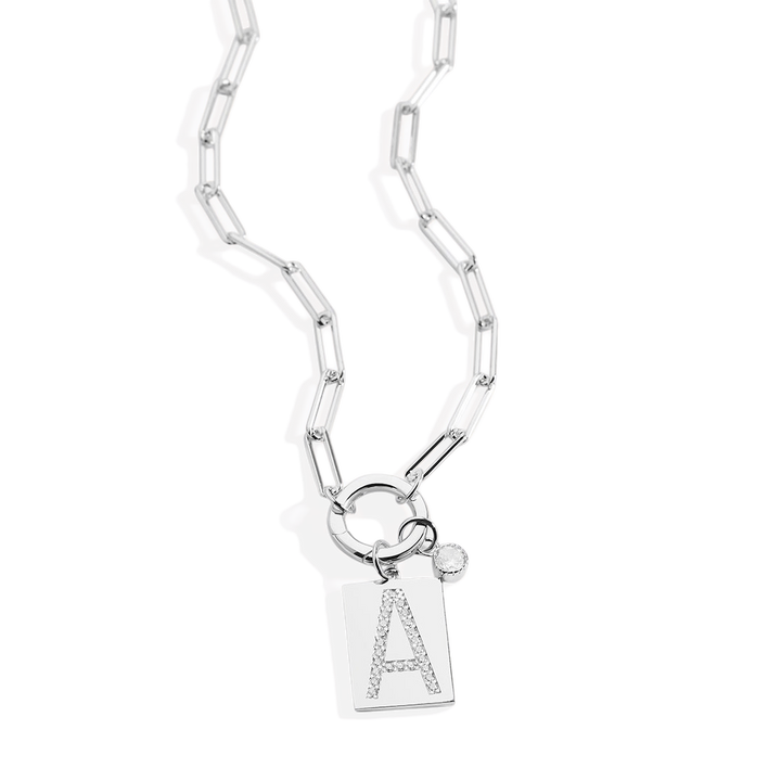 Sterling Silver Pave Initial Pendant Necklace with Paperclip Chain