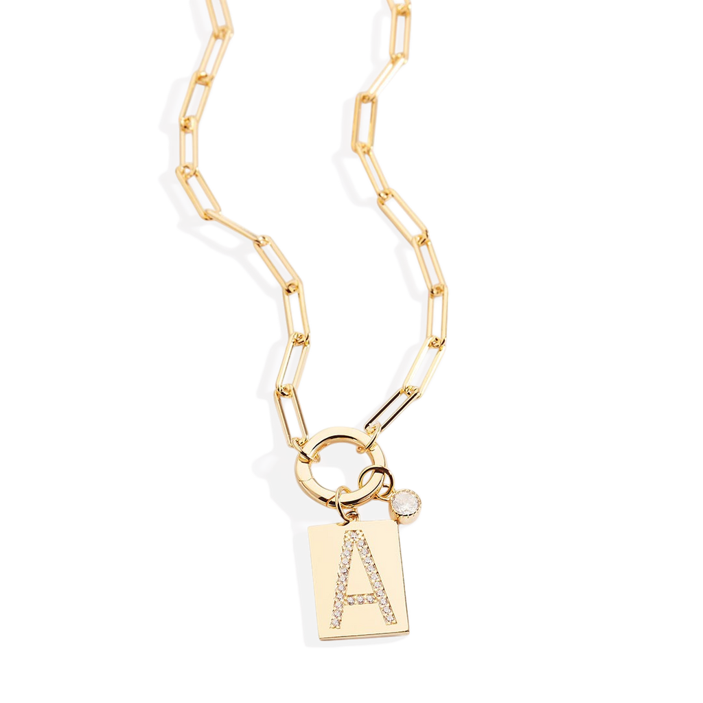 Gold Pave Initial Pendant Necklace with Paperclip Chain