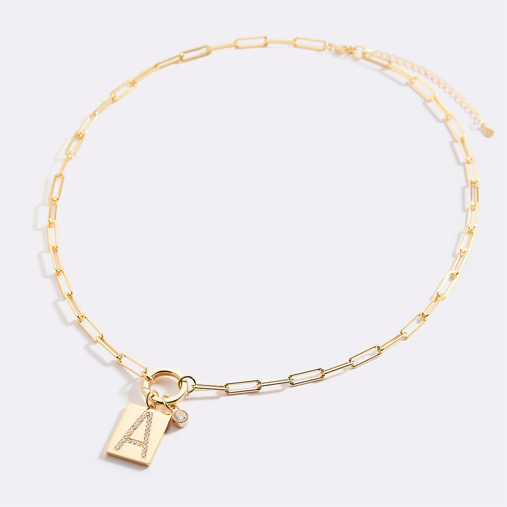 Gold Pave Initial Pendant Necklace with Paperclip Chain