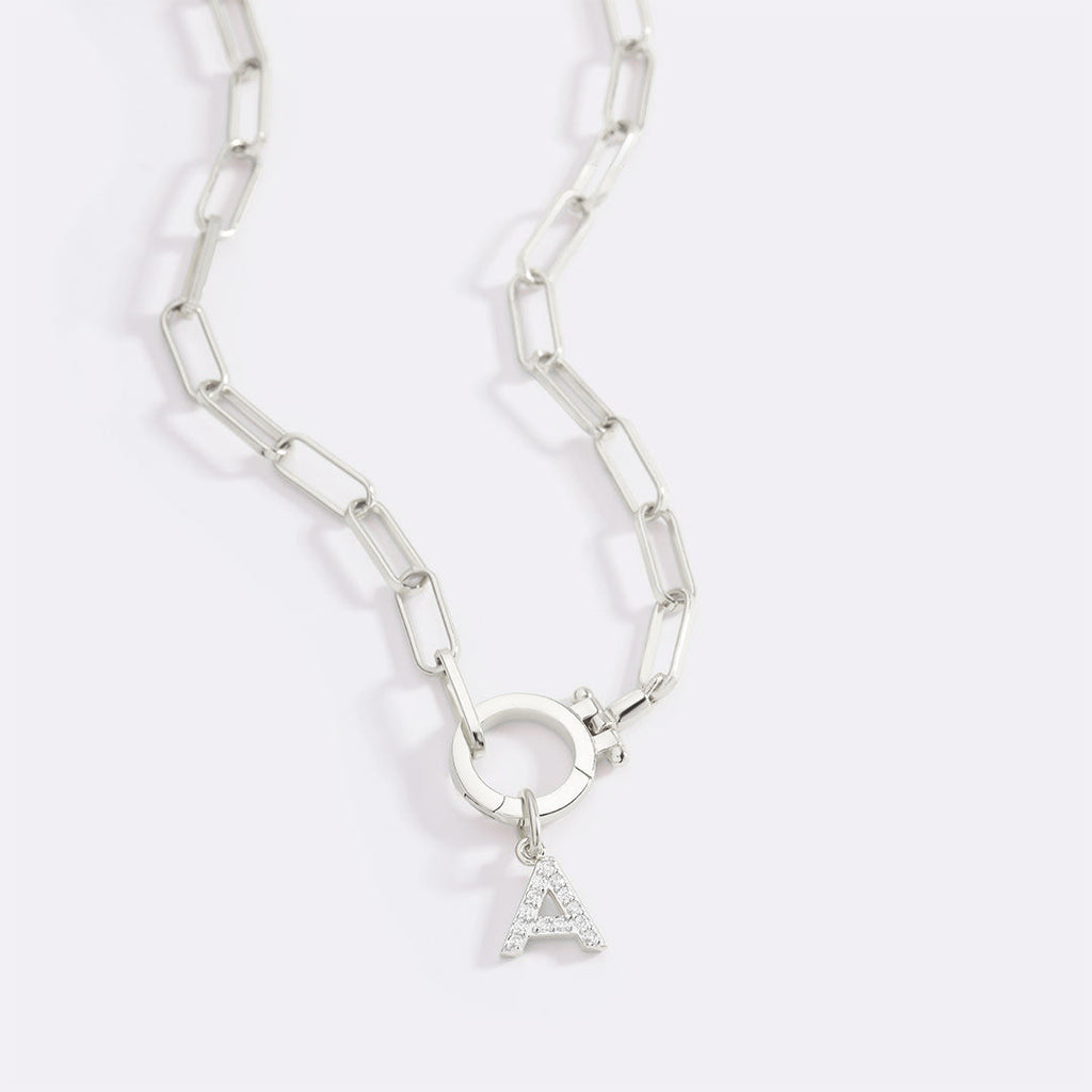 Mint Paperclip Necklace with Pave Initial Charm
