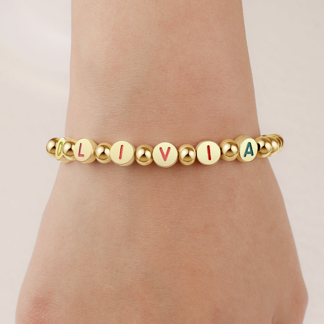 Custom Rainbow Letter Gold Disc Beaded Bracelet