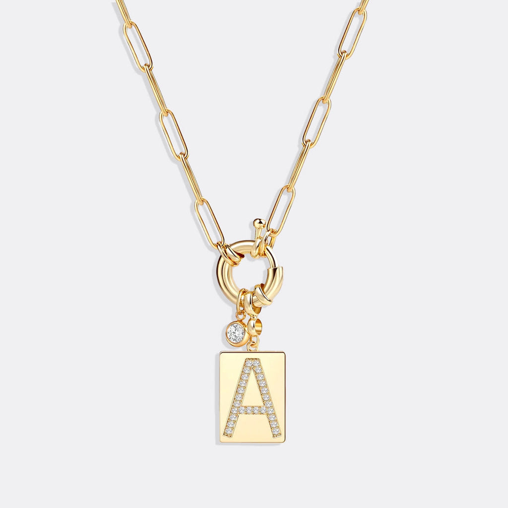 Collier pendentif initial pavé avec chaîne trombone  