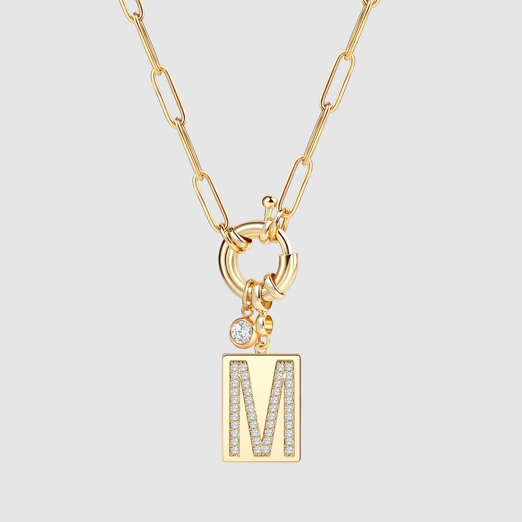 Collier pendentif initial pavé avec chaîne trombone  