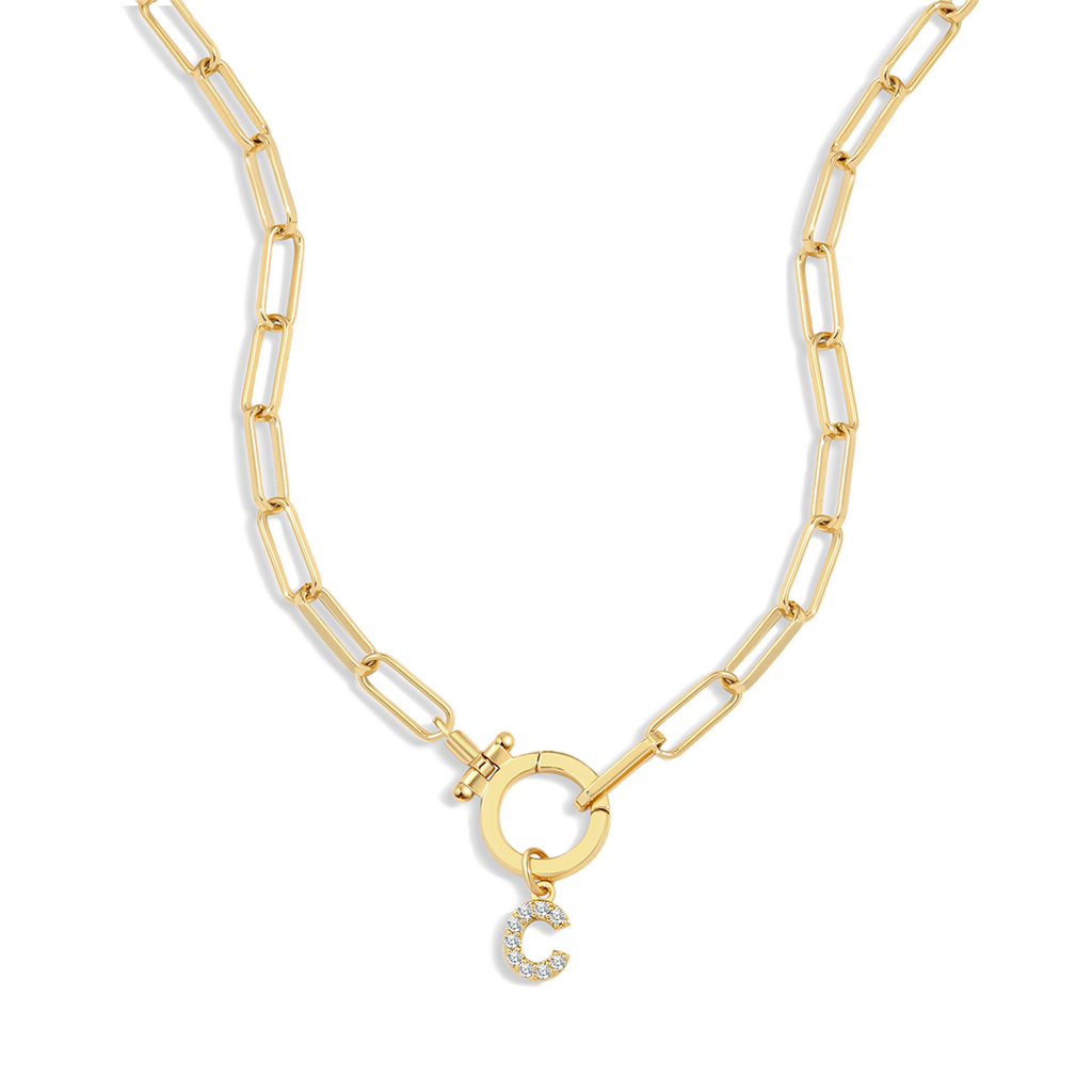 Mint Paperclip Necklace with Pave Initial Charm