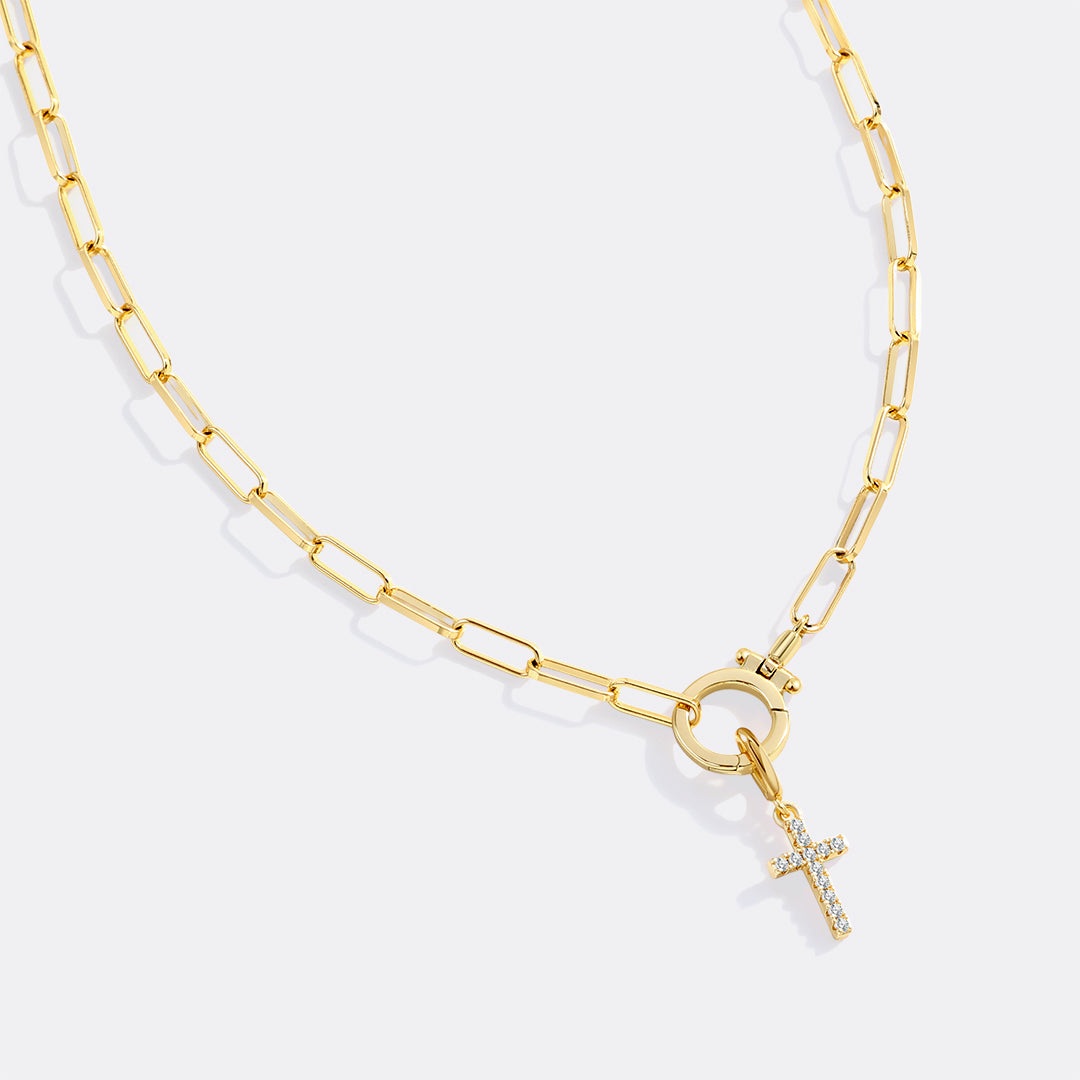 Collier trombone menthe avec pendentif croix pavé