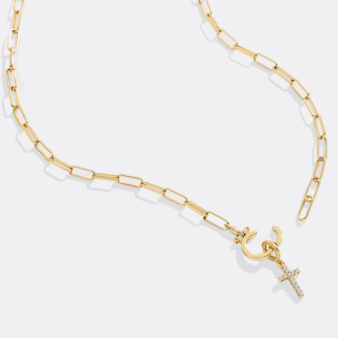 Collier trombone menthe avec pendentif croix pavé
