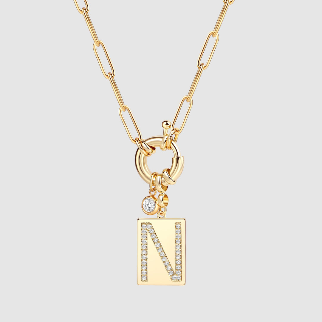 Pave Initial Pendant Necklace with Paperclip Chain