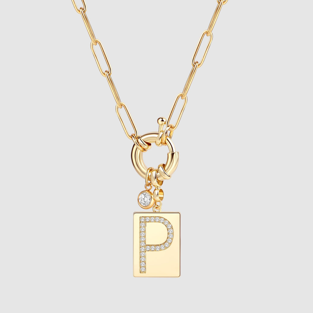 Collier pendentif initial pavé avec chaîne trombone  