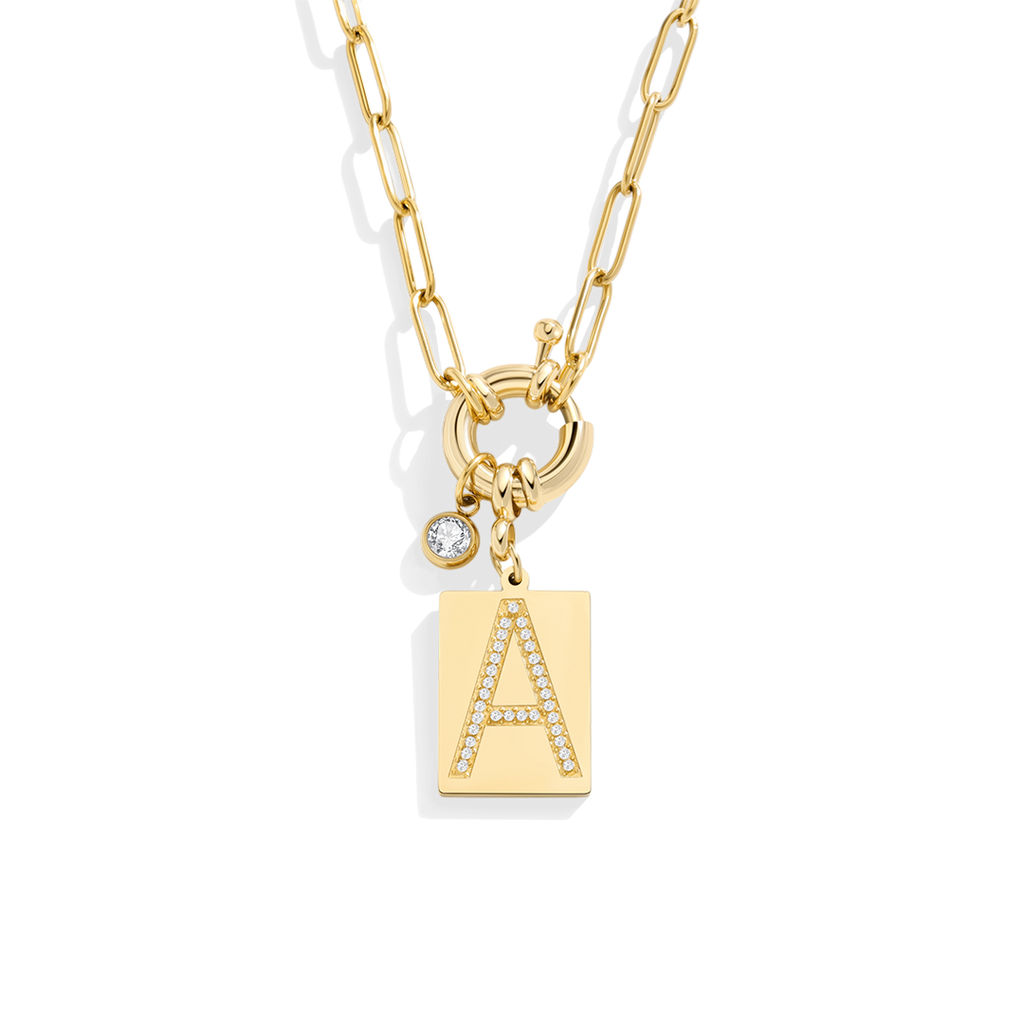 Gold Pave Initial Pendant Necklace with Paperclip Chain