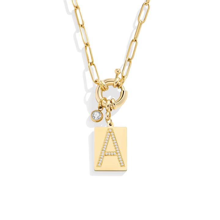 Pave Initial Pendant Necklace with Paperclip Chain
