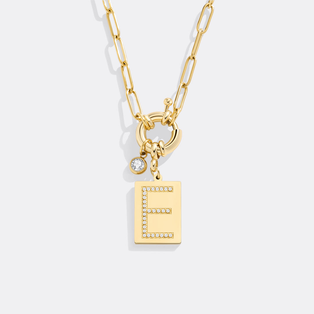 Pave Initial Pendant Necklace with Paperclip Chain