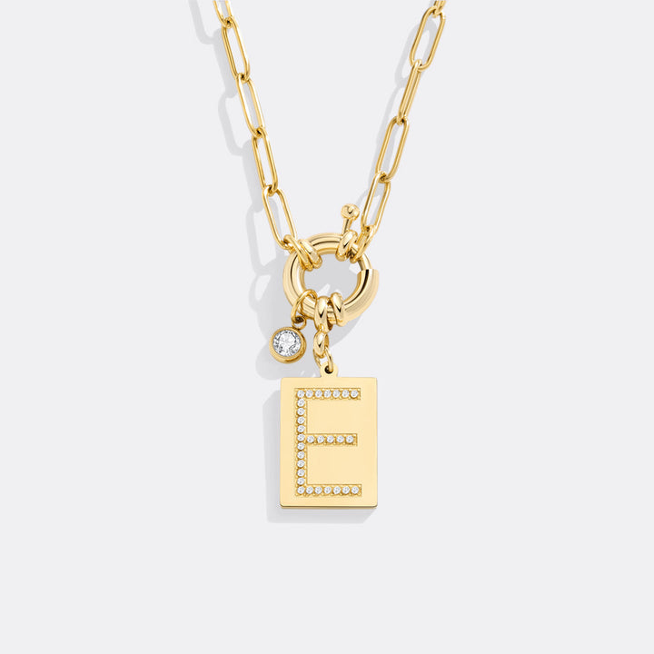 Pave Initial Pendant Necklace with Paperclip Chain