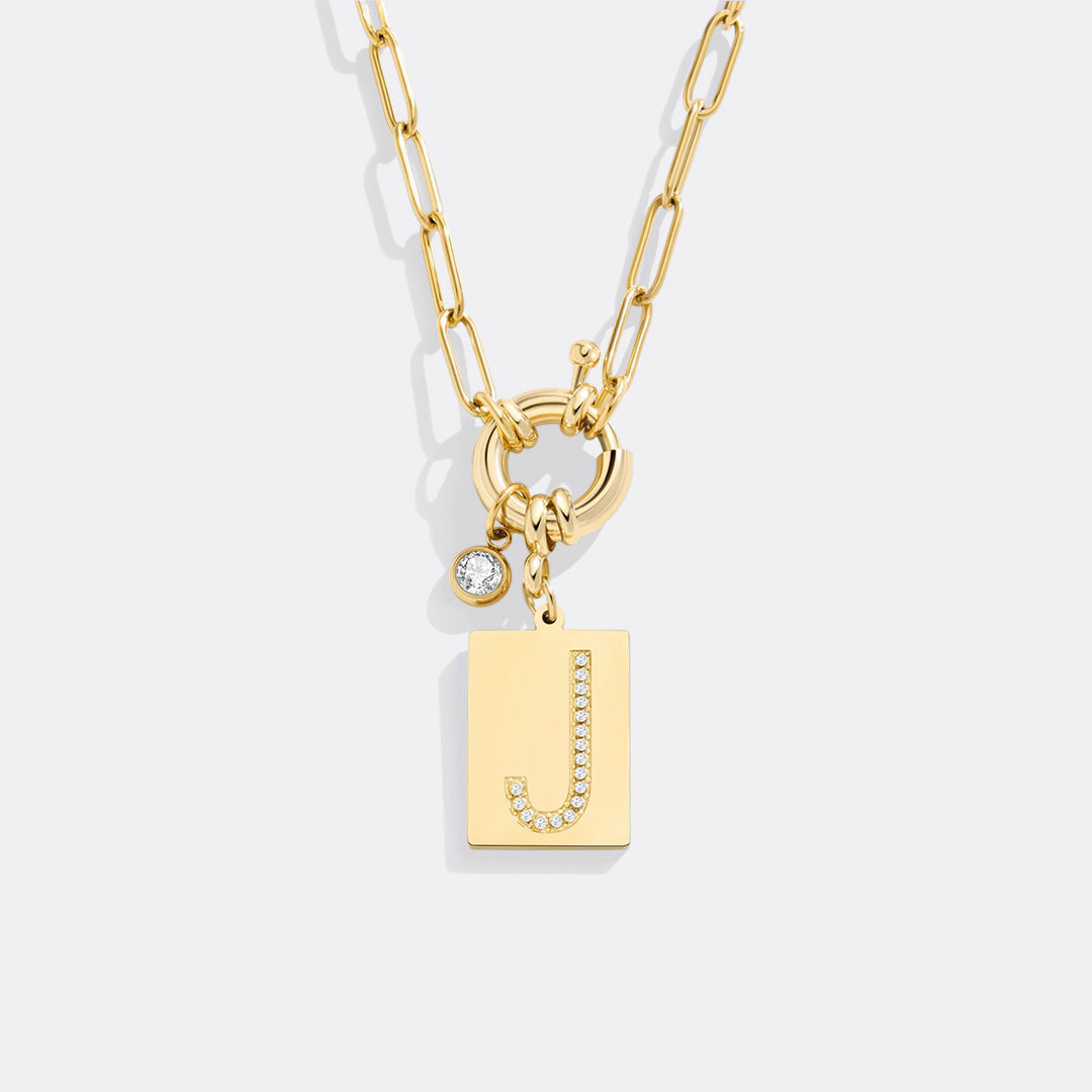 Pave Initial Pendant Necklace with Paperclip Chain